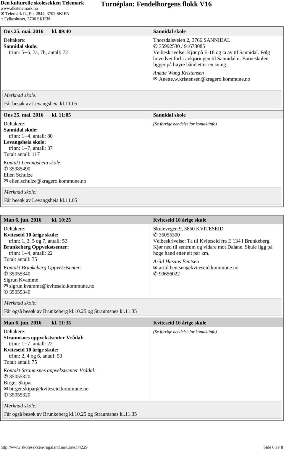mai. 2016 kl. 11:05 Sannidal skole Sannidal skole: trinn: 1 4, antall: 80 Levangsheia skole: trinn: 1 7, antall: 37 Totalt antall: 117 Kontakt Levangsheia skole: 35985490 Ellen Schulze ellen.