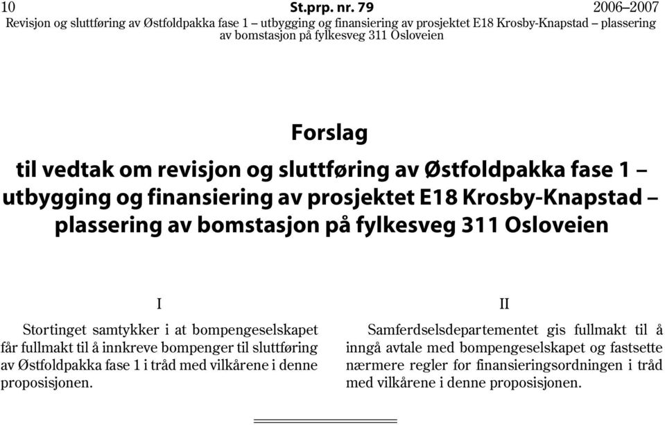 Krosby-Knapstad plassering I Stortinget samtykker i at bompengeselskapet får fullmakt til å innkreve bompenger til sluttføring