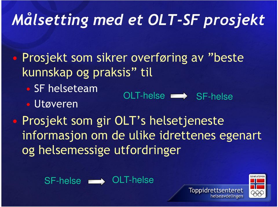 SF-helse Prosjekt som gir OLT s helsetjeneste informasjon om de