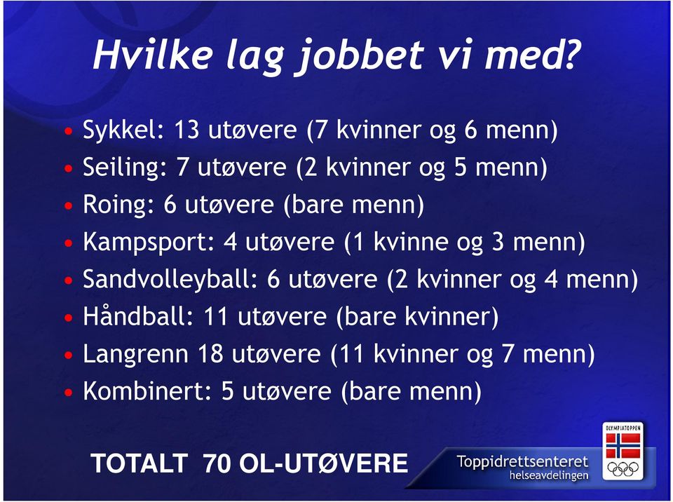 6 utøvere (bare menn) Kampsport: 4 utøvere (1 kvinne og 3 menn) Sandvolleyball: 6 utøvere