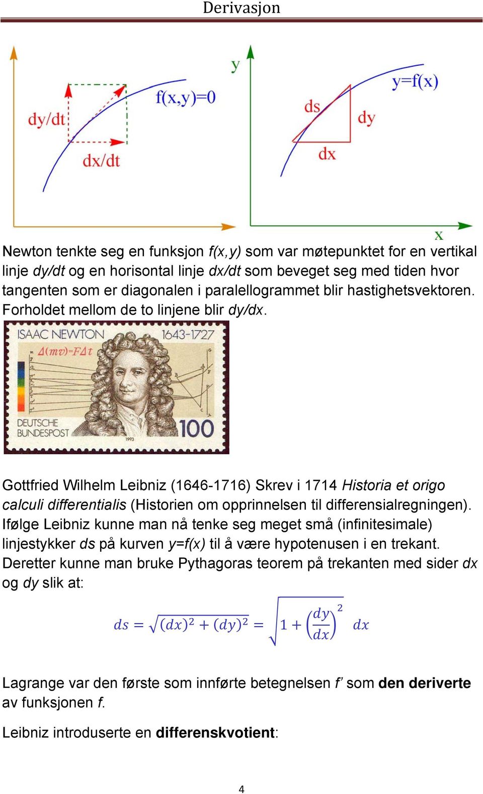 Gottfried Wilhelm Leibniz (1646-1716) Skrev i 1714 Historia et origo calculi differentialis (Historien om opprinnelsen til differensialregningen).