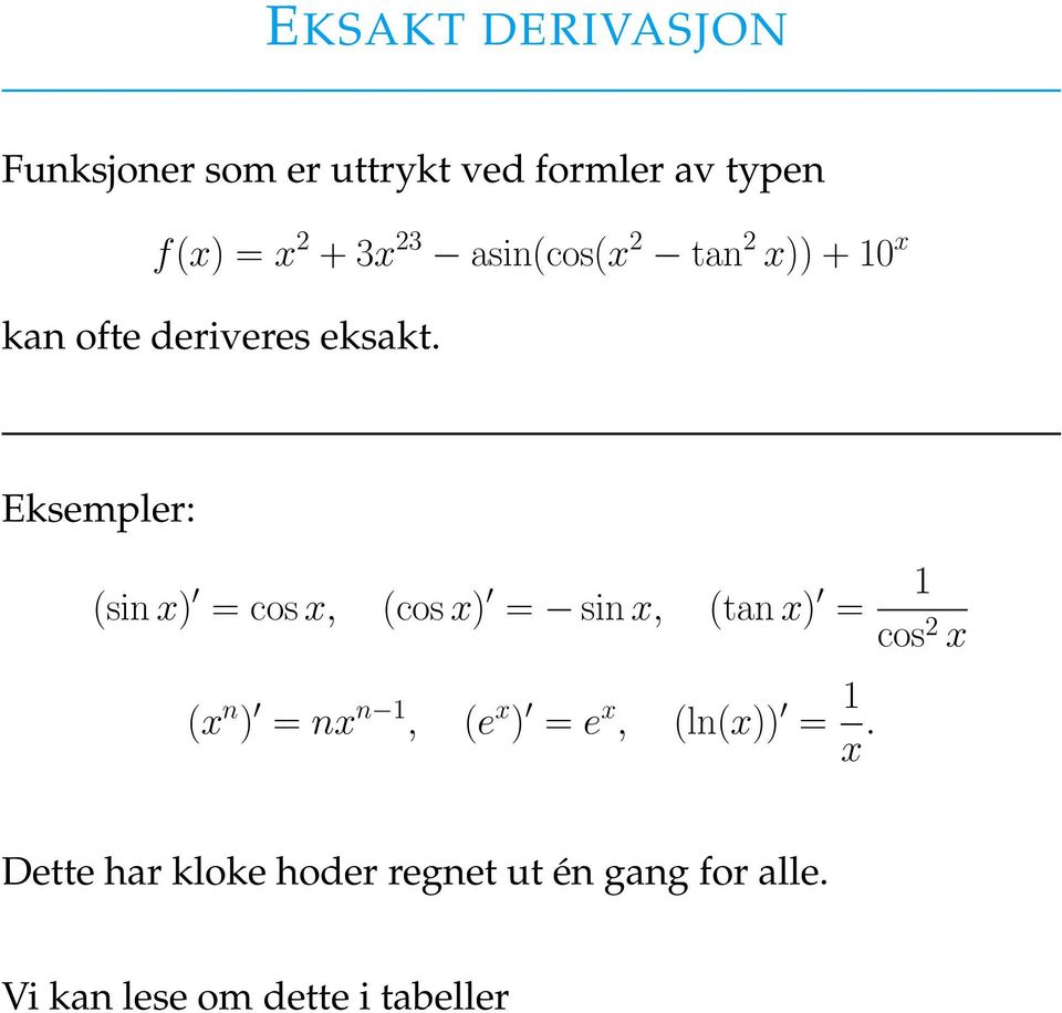 Eksempler: (sin x) = cos x, (cos x) = sin x, (tan x) = 1 cos 2 x (x n ) = nx n 1,