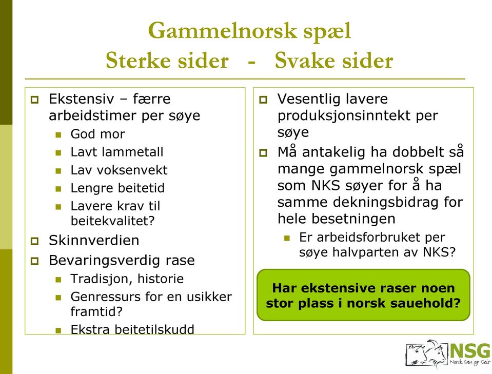 Ekstra beitetilskudd Vesentlig lavere produksjonsinntekt per søye Må antakelig ha dobbelt så mange gammelnorsk spæl som NKS søyer for