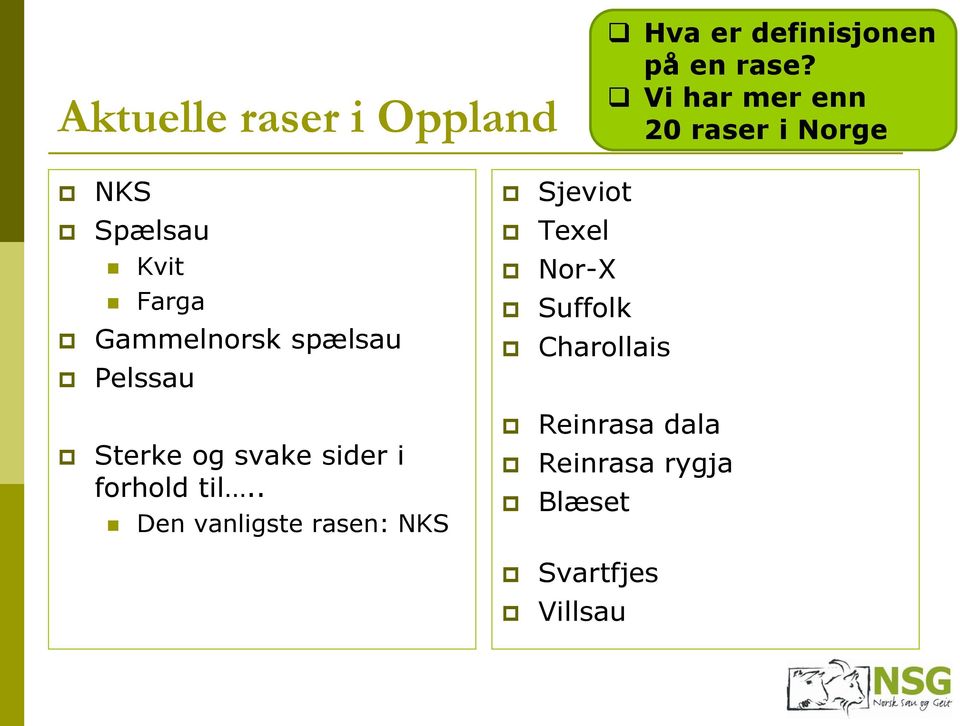 Farga Gammelnorsk spælsau Pelssau Suffolk Charollais Sterke og svake