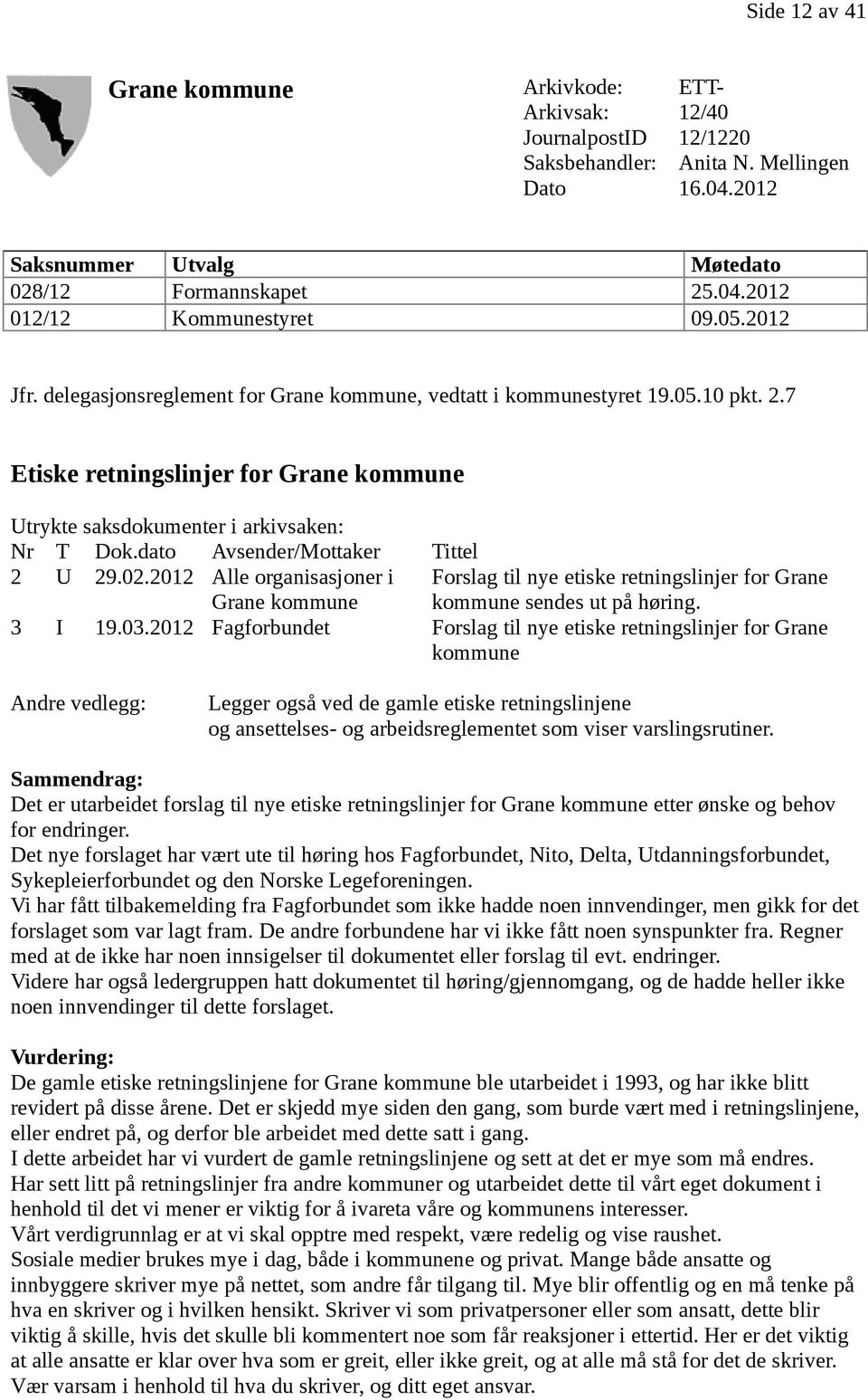 dato Avsender/Mottaker Tittel 2 U 29.02.2012 Alle organisasjoner i Grane kommune Forslag til nye etiske retningslinjer for Grane kommune sendes ut på høring. 3 I 19.03.