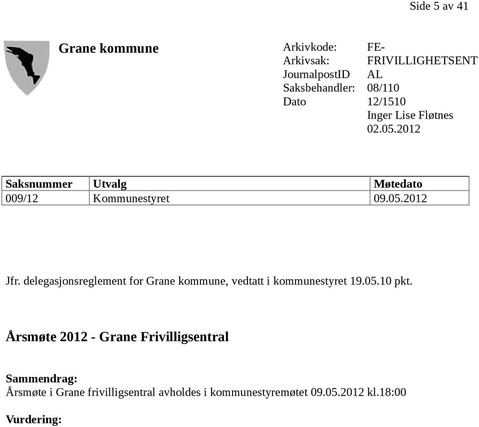 delegasjonsreglement for Grane kommune, vedtatt i kommunestyret 19.05.10 pkt.