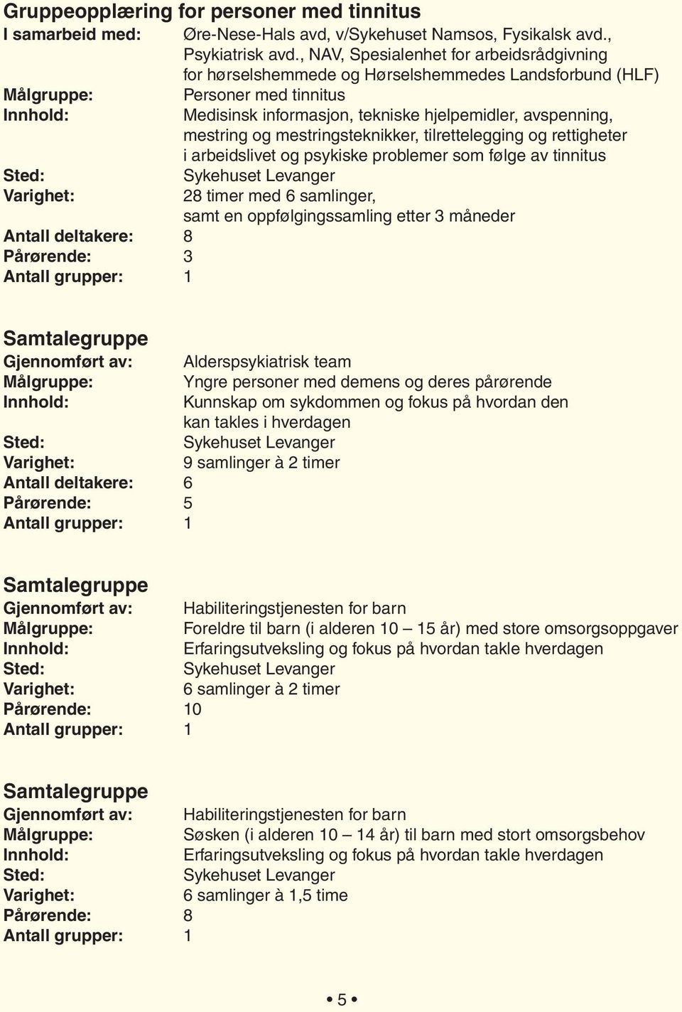 mestringsteknikker, tilrettelegging og rettigheter i arbeidslivet og psykiske problemer som følge av tinnitus 28 timer med 6 samlinger, samt en oppfølgingssamling etter 3 måneder Antall deltakere: 8