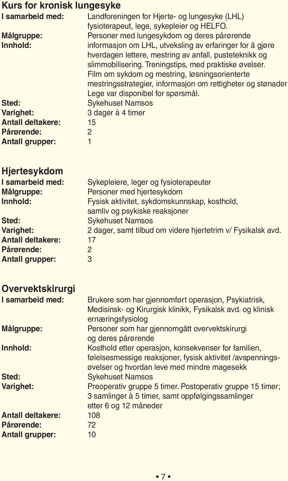 Treningstips, med praktiske øvelser. Film om sykdom og mestring, løsningsorienterte mestringsstrategier, informasjon om rettigheter og stønader Lege var disponibel for spørsmål.