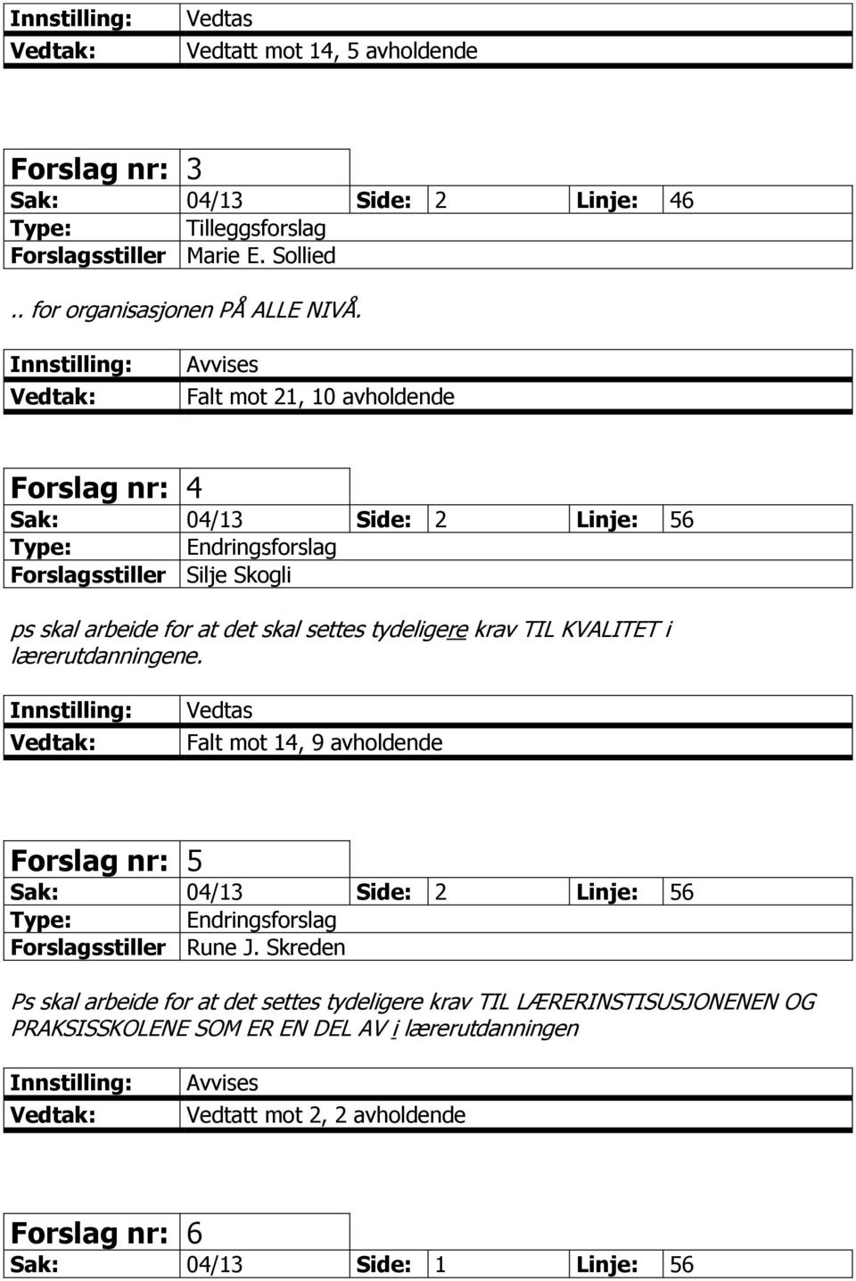 TIL KVALITET i lærerutdanningene. Falt mot 14, 9 avholdende Forslag nr: 5 Sak: 04/13 Side: 2 Linje: 56 Forslagsstiller Rune J.