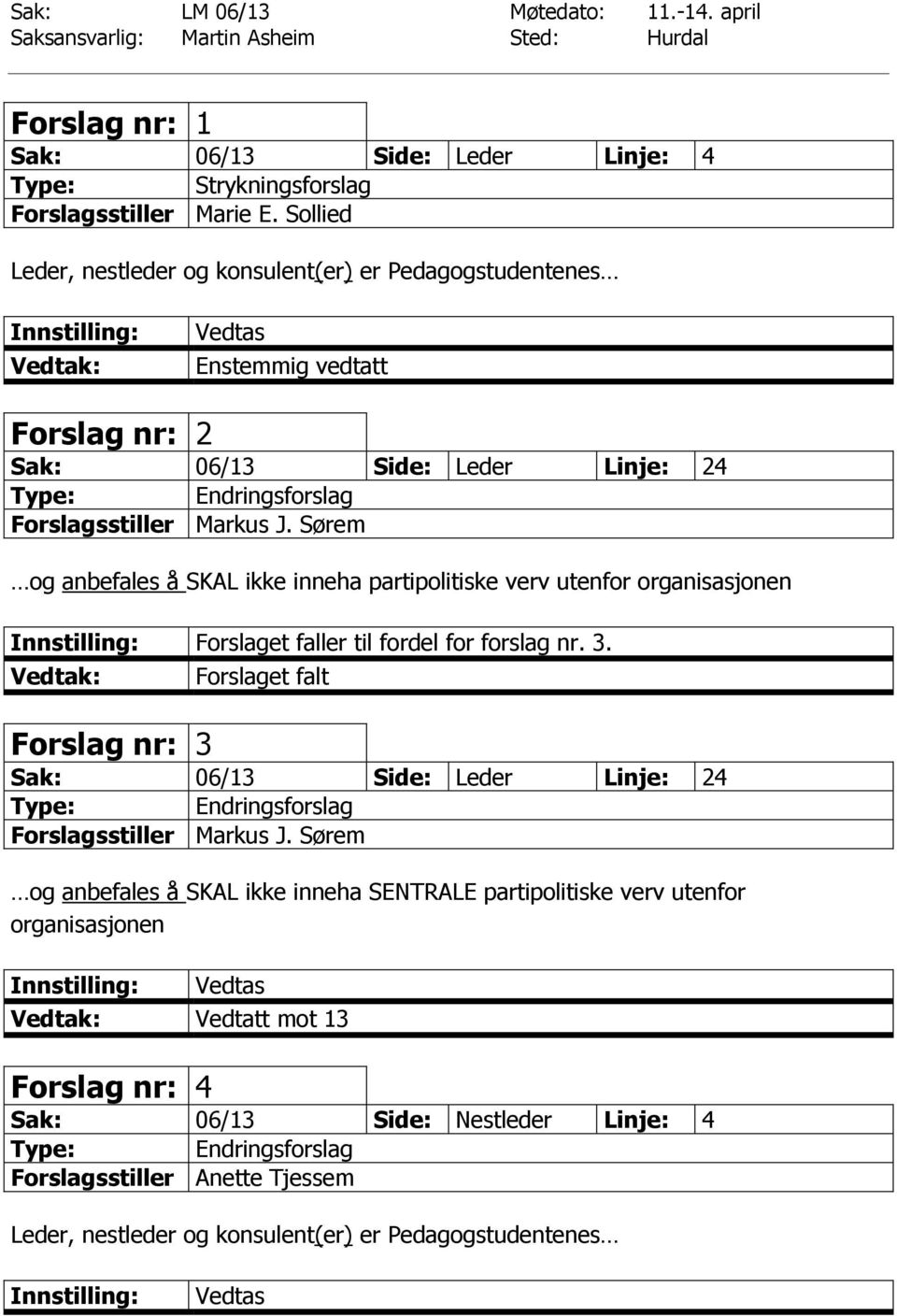 Sørem og anbefales å SKAL ikke inneha partipolitiske verv utenfor organisasjonen Forslaget faller til fordel for forslag nr. 3.