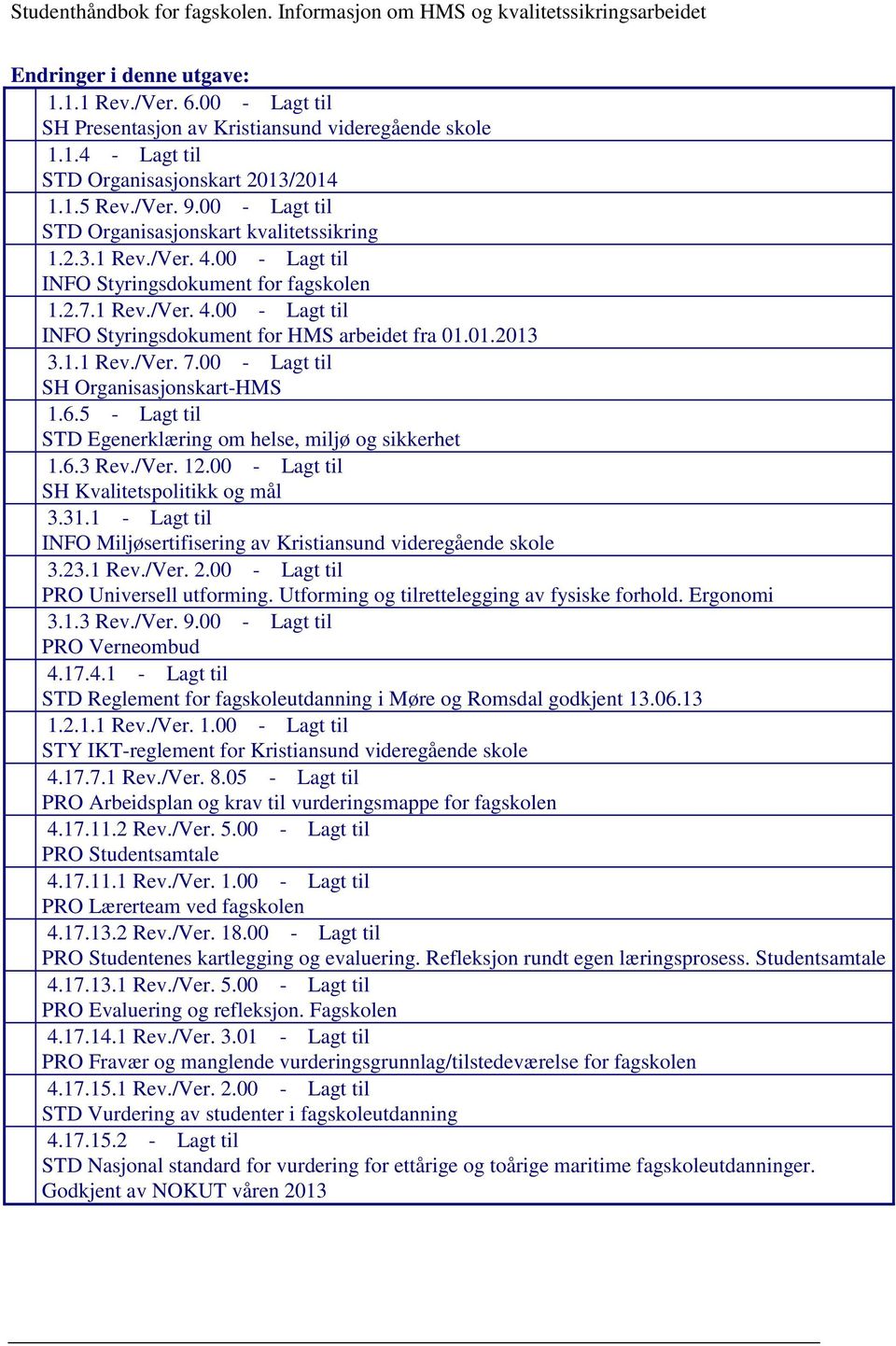 01.2013 3.1.1 Rev./Ver. 7.00 - Lagt til SH Organisasjonskart-HMS 1.6.5 - Lagt til STD Egenerklæring om helse, miljø og sikkerhet 1.6.3 Rev./Ver. 12.00 - Lagt til SH Kvalitetspolitikk og mål 3.31.