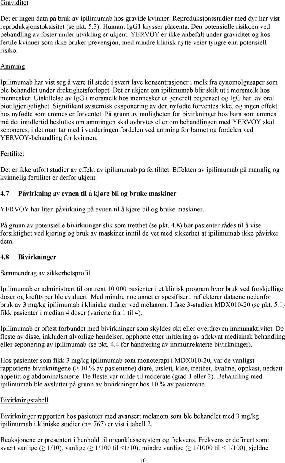 YERVOY er ikke anbefalt under graviditet og hos fertile kvinner som ikke bruker prevensjon, med mindre klinisk nytte veier tyngre enn potensiell risiko.