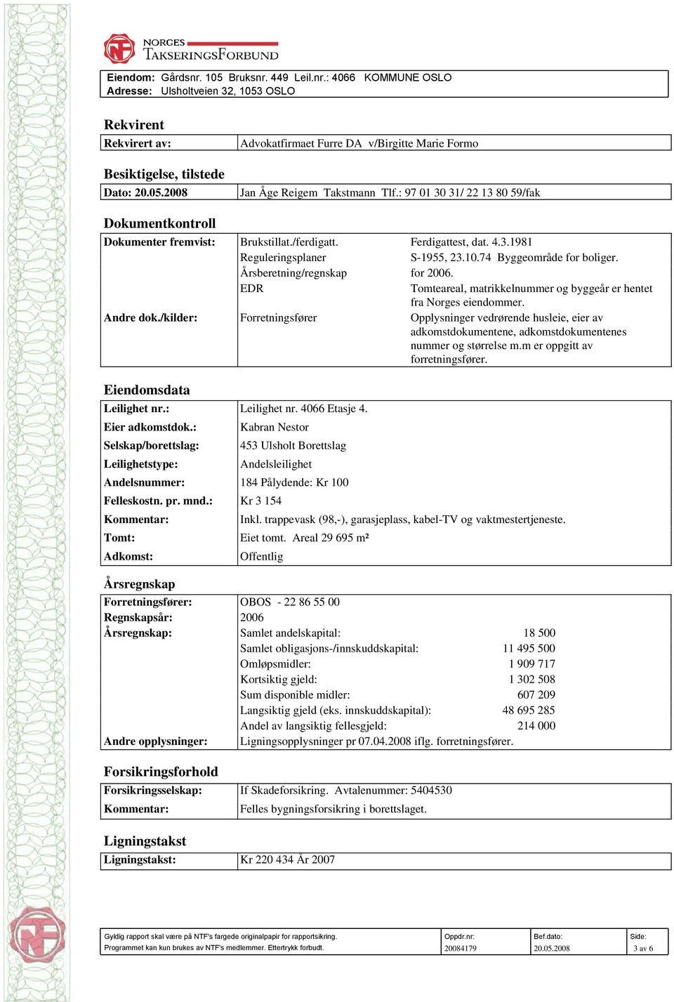 Årsberetning/regnskap for 2006. EDR Tomteareal, matrikkelnummer og byggeår er hentet fra Norges eiendommer. Andre dok.