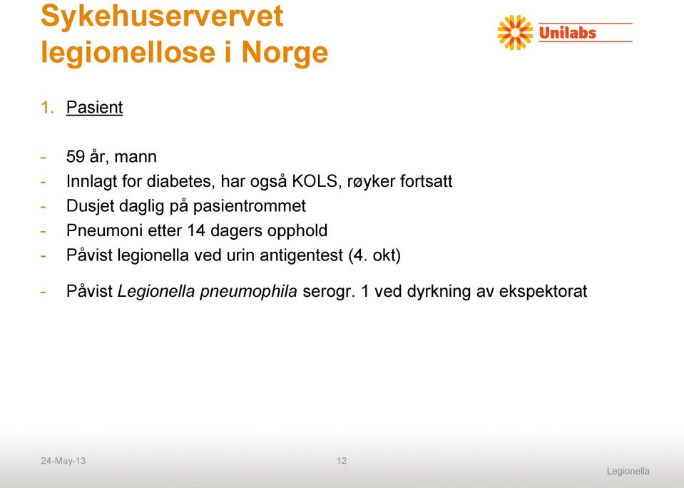 Dusjet daglig på pasientrommet - Pneumoni etter 14 dagers opphold - Påvist