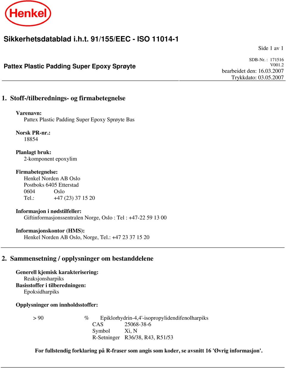 : 18854 Planlagt bruk: 2-komponent epoxylim Firmabetegnelse: Henkel Norden AB Oslo Postboks 6405 Etterstad 0604 Oslo Tel.