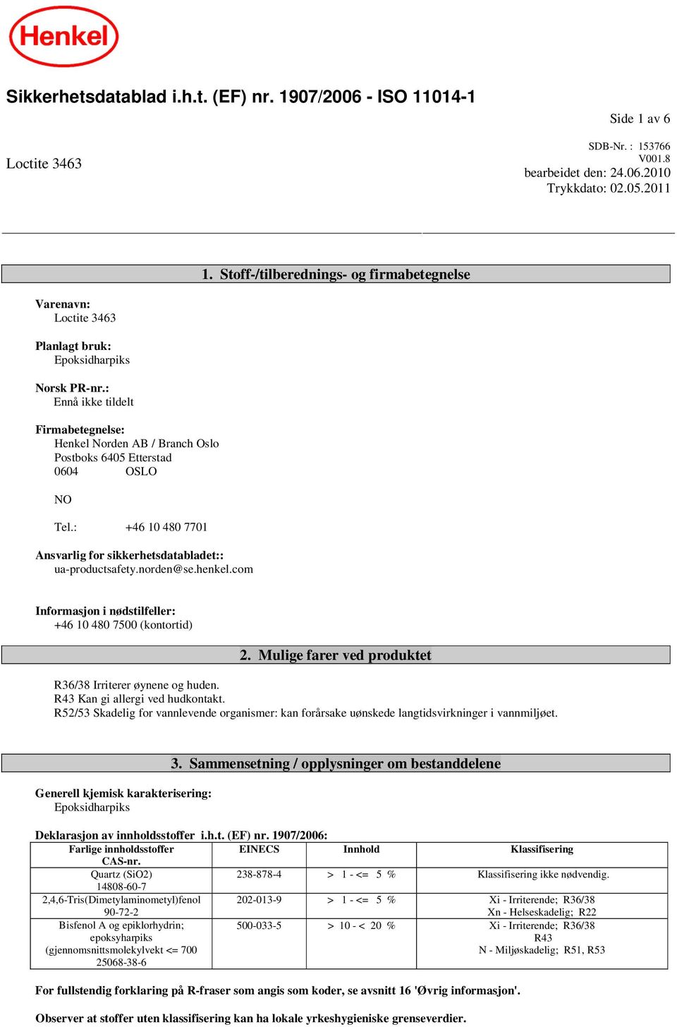 : Ennå ikke tildelt Firmabetegnelse: Henkel Norden AB / Branch Oslo Postboks 6405 Etterstad 0604 OSLO NO Tel.: +46 10 480 7701 Ansvarlig for sikkerhetsdatabladet:: ua-productsafety.norden@se.henkel.