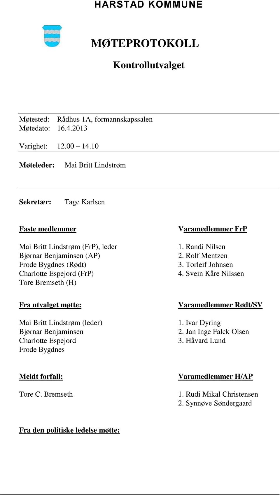 Tore Bremseth (H) Varamedlemmer FrP 1. Randi Nilsen 2. Rolf Mentzen 3. Torleif Johnsen 4.