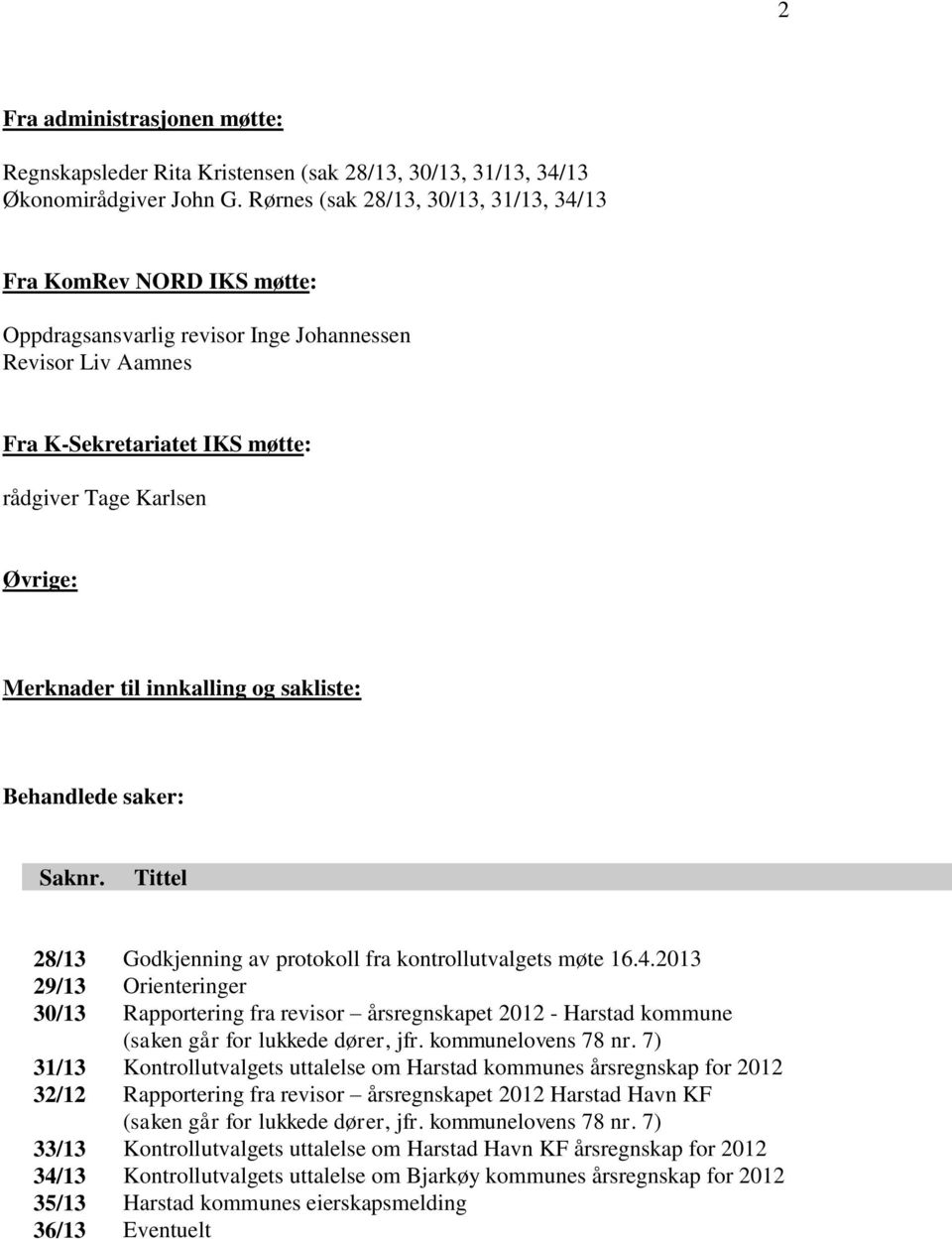 til innkalling og sakliste: Behandlede saker: Saknr. Saknr. Tittel 28/13 Godkjenning av protokoll fra kontrollutvalgets møte 16.4.