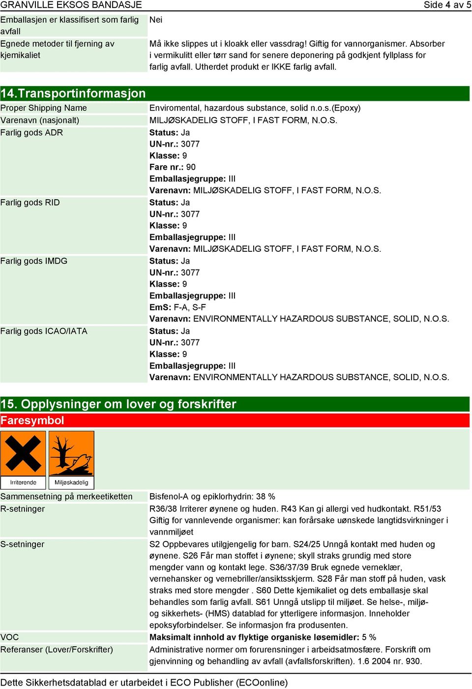 Transportinformasjon Proper Shipping Name Varenavn (nasjonalt) Farlig gods ADR Farlig gods RID Farlig gods IMDG Farlig gods ICAO/IATA 15.