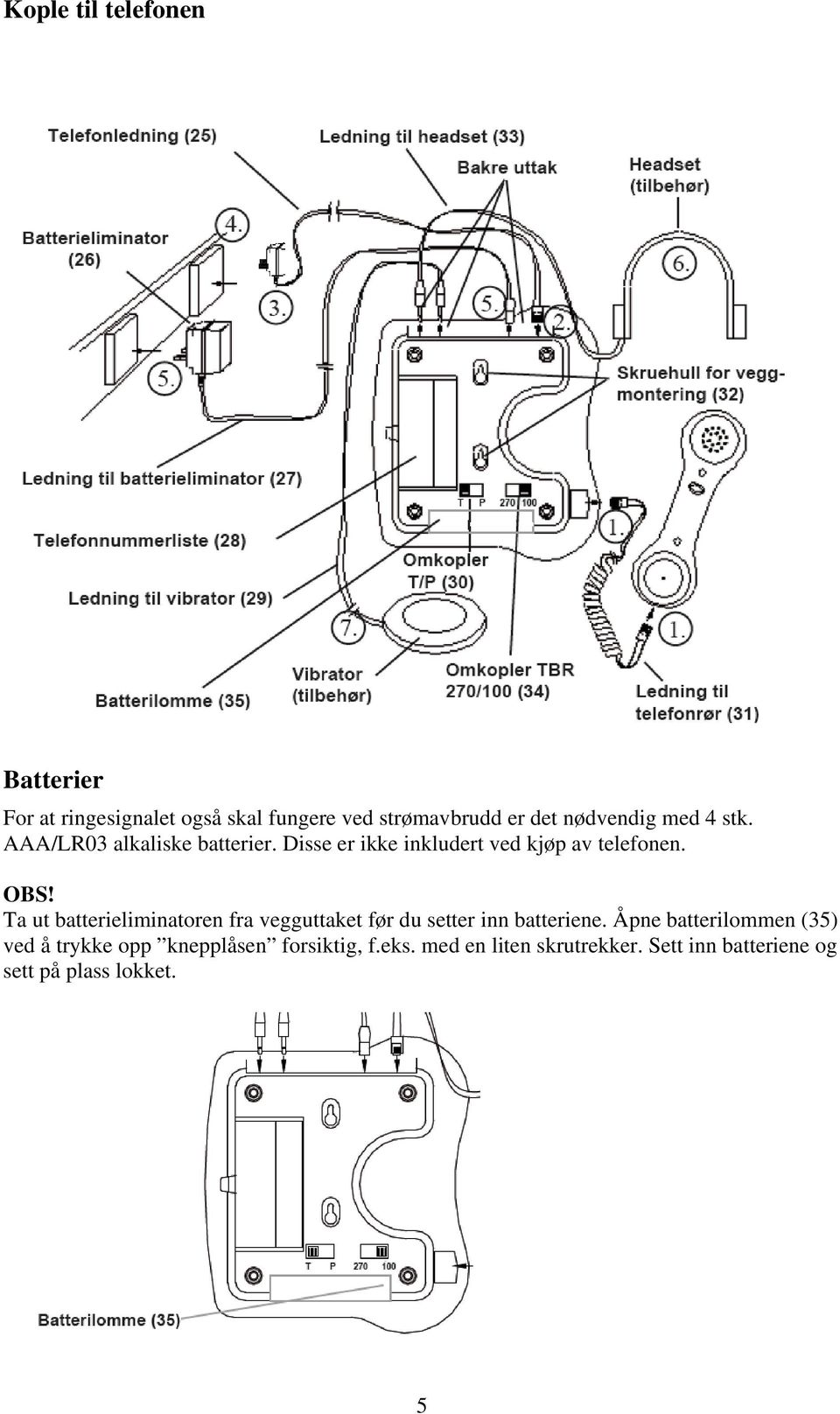 Ta ut batterieliminatoren fra vegguttaket før du setter inn batteriene.