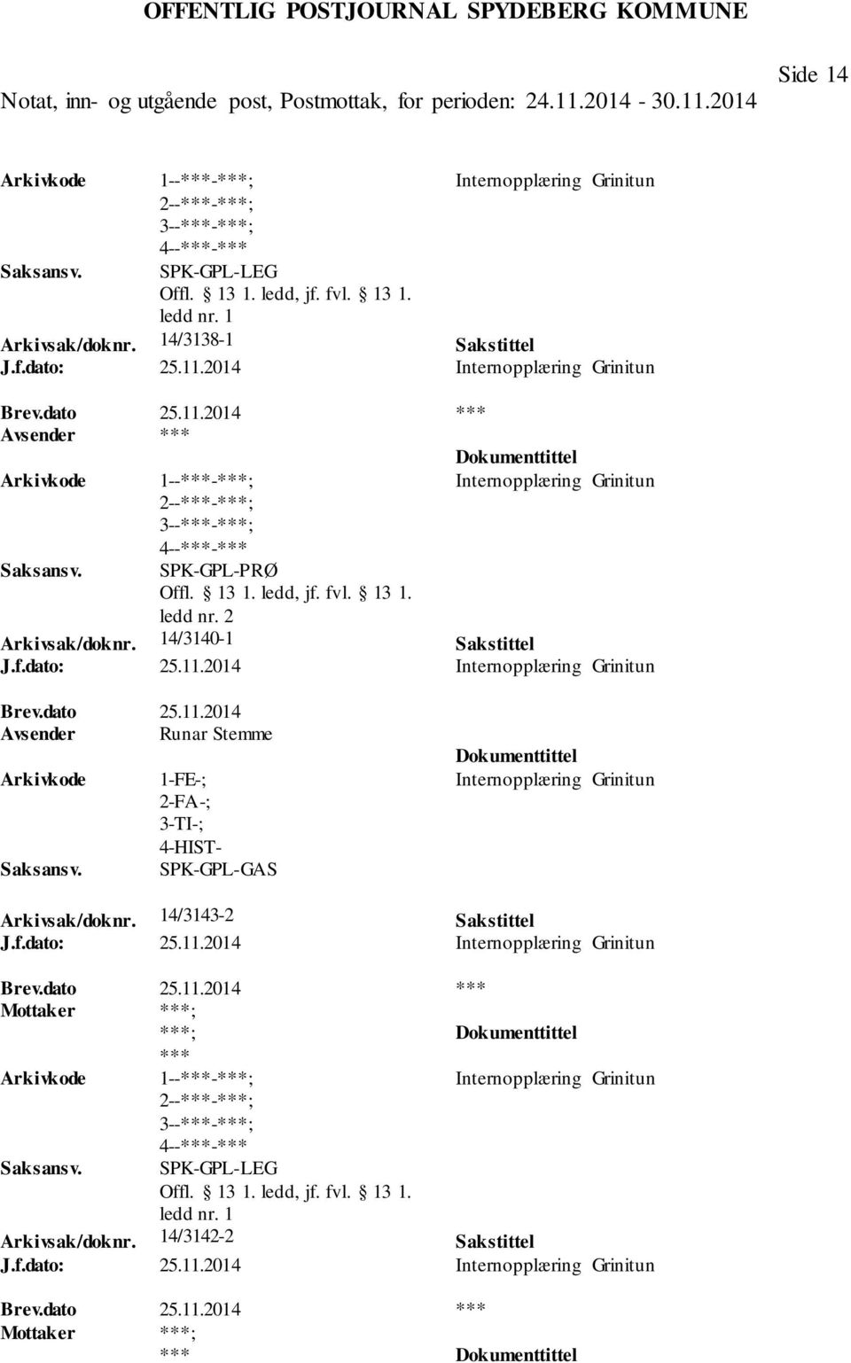 2014 Internopplæring Grinitun Brev.dato 25.11.2014 Avsender Runar Stemme 1-FE-; 3-TI-; SPK-GPL-GAS Internopplæring Grinitun Arkivsak/doknr.