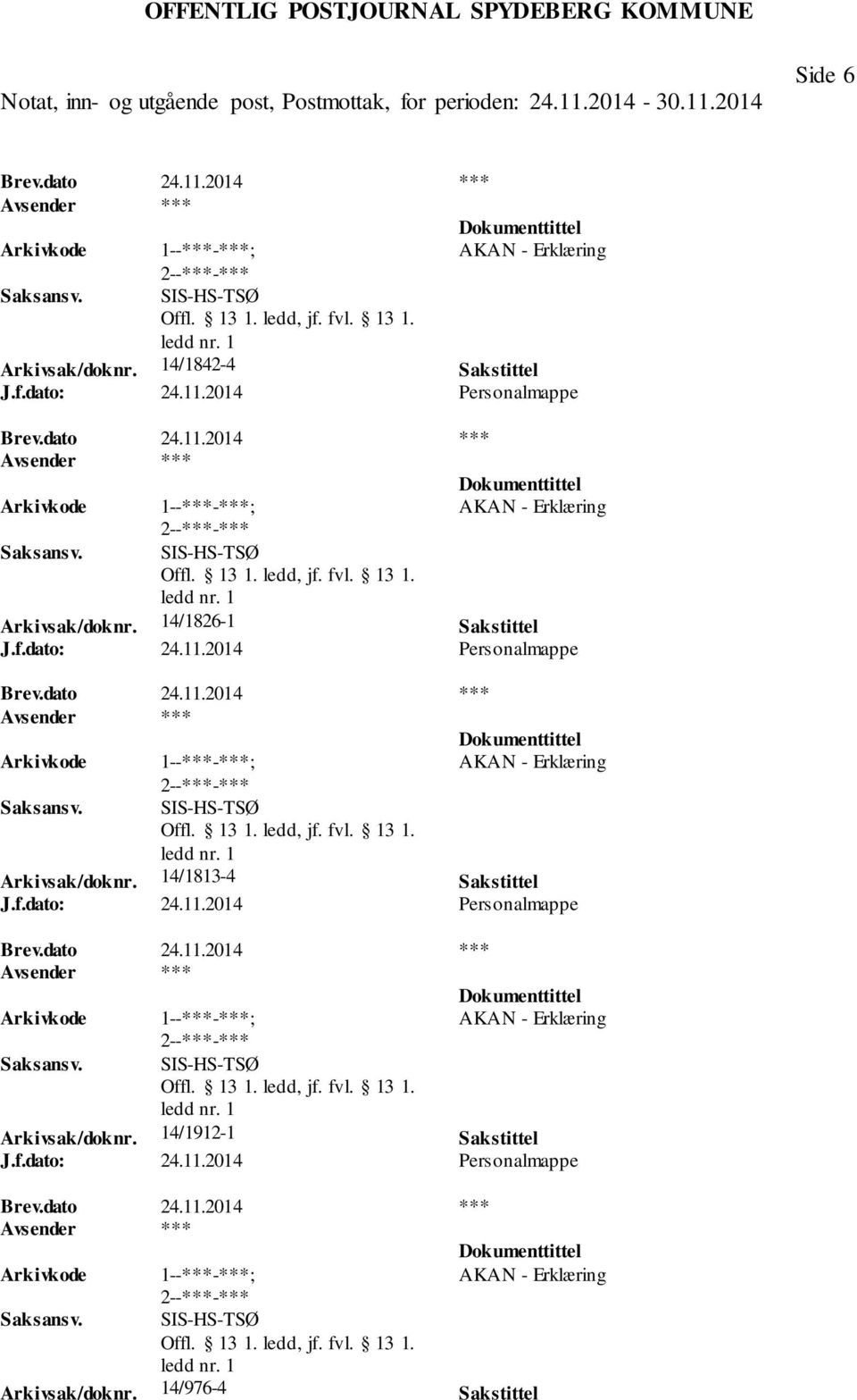 14/1826-1 Sakstittel SIS-HS-TSØ Arkivsak/doknr.