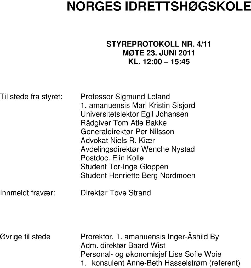 amanuensis Mari Kristin Sisjord Universitetslektor Egil Johansen Rådgiver Tom Atle Bakke Generaldirektør Per Nilsson Advokat Niels R.