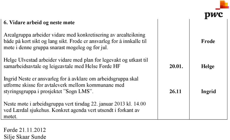 Helge Ulvestad arbeider vidare med plan for legevakt og utkast til samarbeidsavtale og leigeavtale med Helse Førde HF Ingrid Neste er ansvarleg for å avklare om