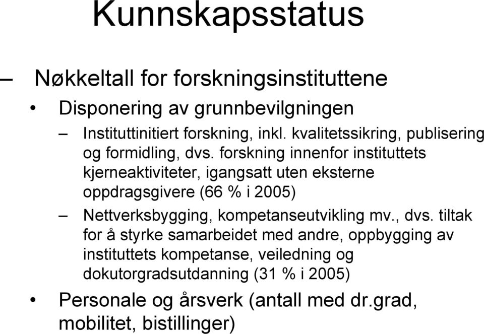 forskning innenfor instituttets kjerneaktiviteter, igangsatt uten eksterne oppdragsgivere (66 % i 2005) Nettverksbygging,