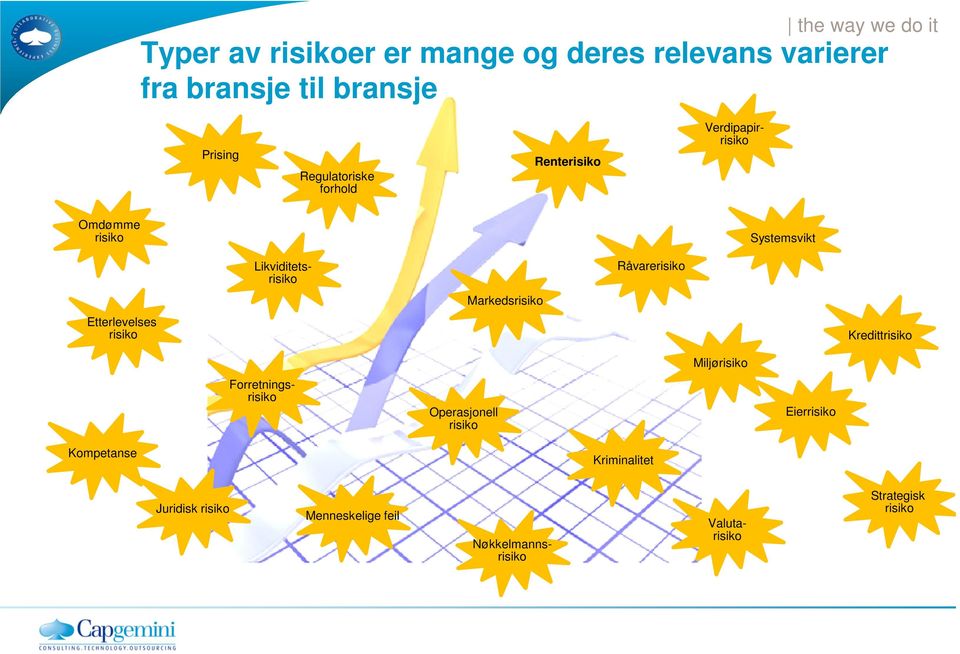 Markedsrisiko Etterlevelses risiko Kredittrisiko Miljørisiko Forretningsrisiko Operasjonell risiko