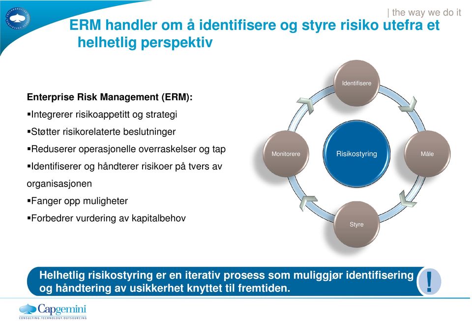 Identifiserer og håndterer risikoer på tvers av Monitorere Risikostyring Måle organisasjonen Fanger opp muligheter Forbedrer