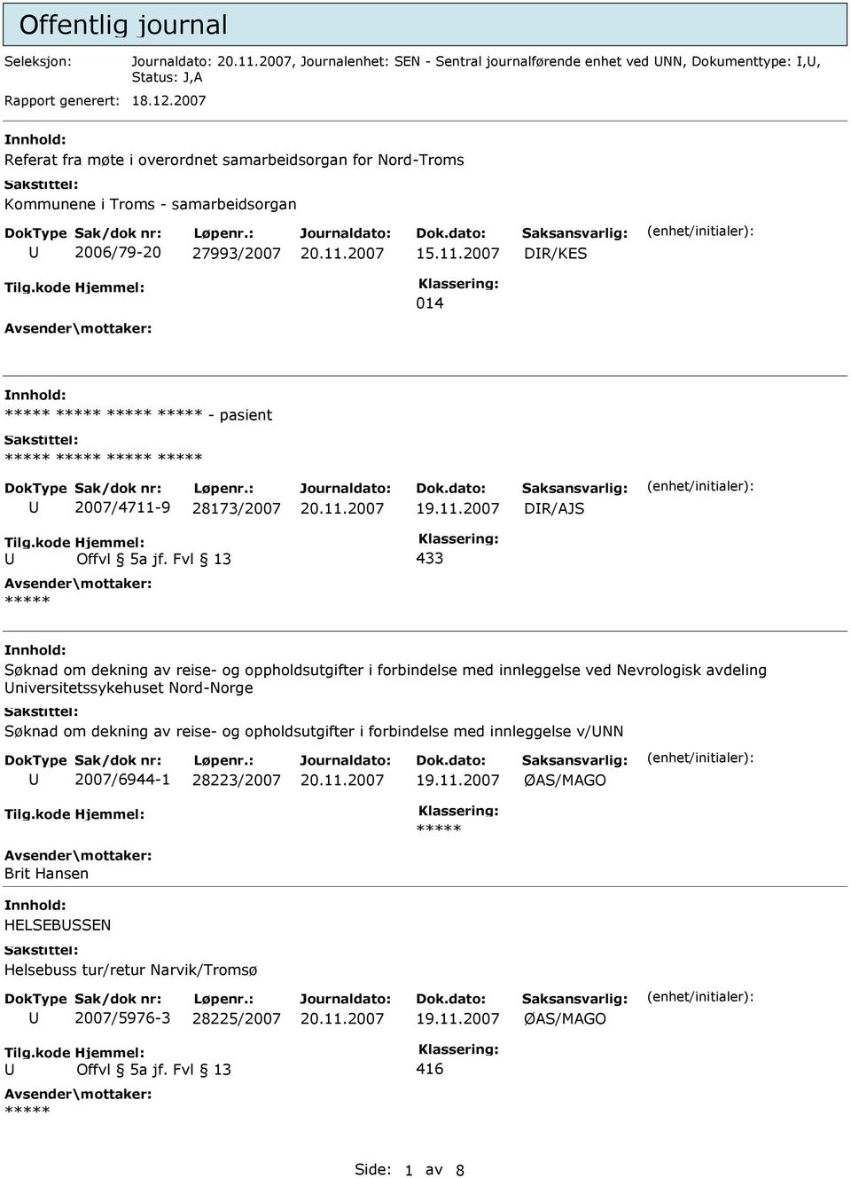 2007 DR/KES 014 nnhold: - pasient 2007/4711-9 28173/2007 DR/AJS 433 nnhold: Søknad om dekning av reise- og oppholdsutgifter i forbindelse med innleggelse ved Nevrologisk avdeling