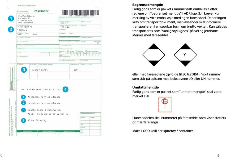 4, krever kun merking av ytre emballasje med egen fareseddel. Det er ingen krav om transportdokument, men avsender skal informere transportøren i en sporbar form om brutto vekten.