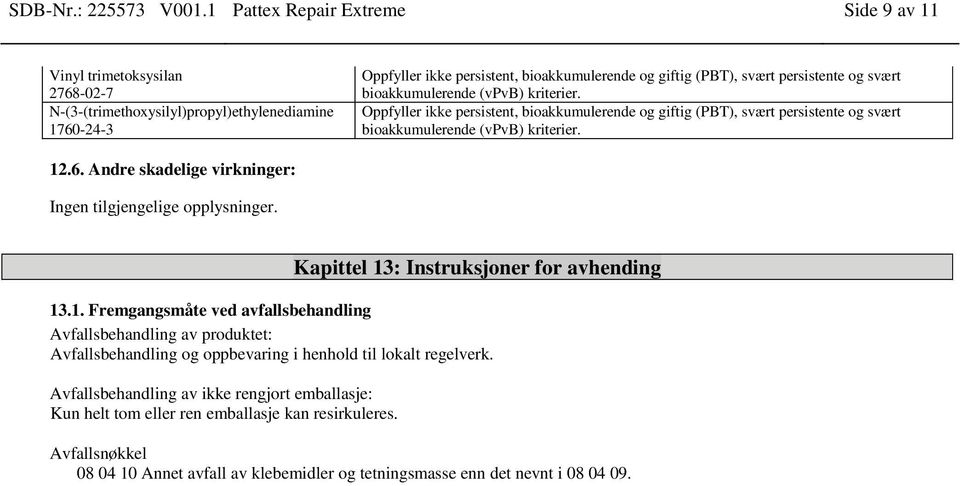 Kapittel 13: Instruksjoner for avhending 13.1. Fremgangsmåte ved avfallsbehandling Avfallsbehandling av produktet: Avfallsbehandling og oppbevaring i henhold til lokalt regelverk.