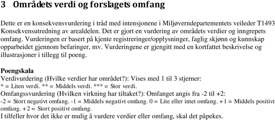 Vurderingene er gjengitt med en kortfattet beskrivelse og illustrasjoner i tillegg til poeng. Poengskala Verdivurdering (Hvilke verdier har området?): Vises med 1 til 3 stjerner: * = Liten verdi.