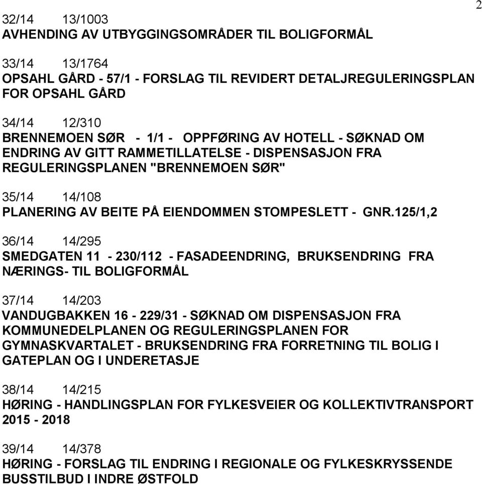 125/1,2 36/14 14/295 SMEDGATEN 11-230/112 - FASADEENDRING, BRUKSENDRING FRA NÆRINGS- TIL BOLIGFORMÅL 37/14 14/203 VANDUGBAKKEN 16-229/31 - SØKNAD OM DISPENSASJON FRA KOMMUNEDELPLANEN OG