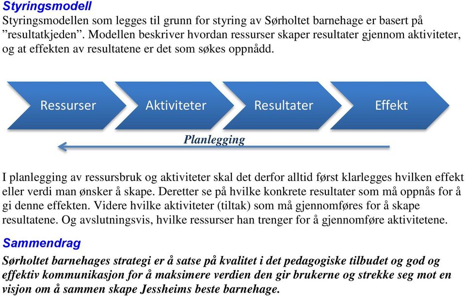 Ressurser Aktiviteter Resultater Effekt Planlegging I planlegging av ressursbruk og aktiviteter skal det derfor alltid først klarlegges hvilken effekt eller verdi man ønsker å skape.