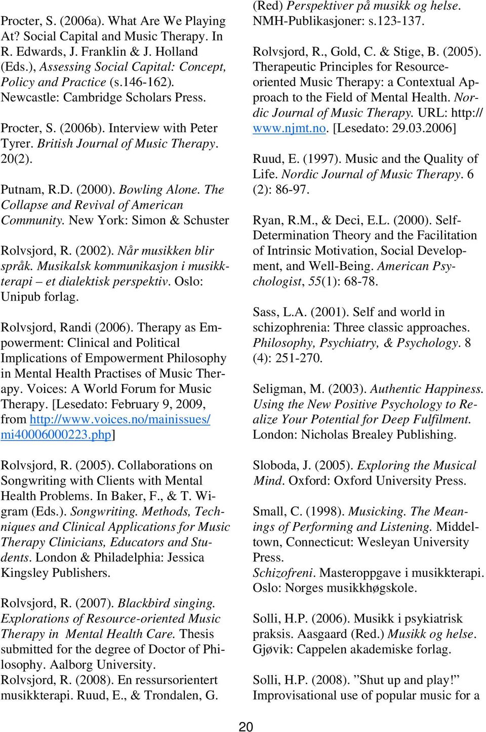 The Collapse and Revival of American Community. New York: Simon & Schuster Rolvsjord, R. (2002). Når musikken blir språk. Musikalsk kommunikasjon i musikkterapi et dialektisk perspektiv.