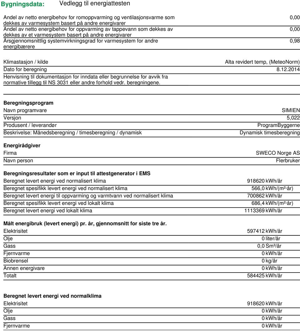 2014 Henvisning til dokumentasjon for inndata eller begrunnelse for avvik fra normative tillegg til NS 3031 eller andre forhold vedr. beregningene.