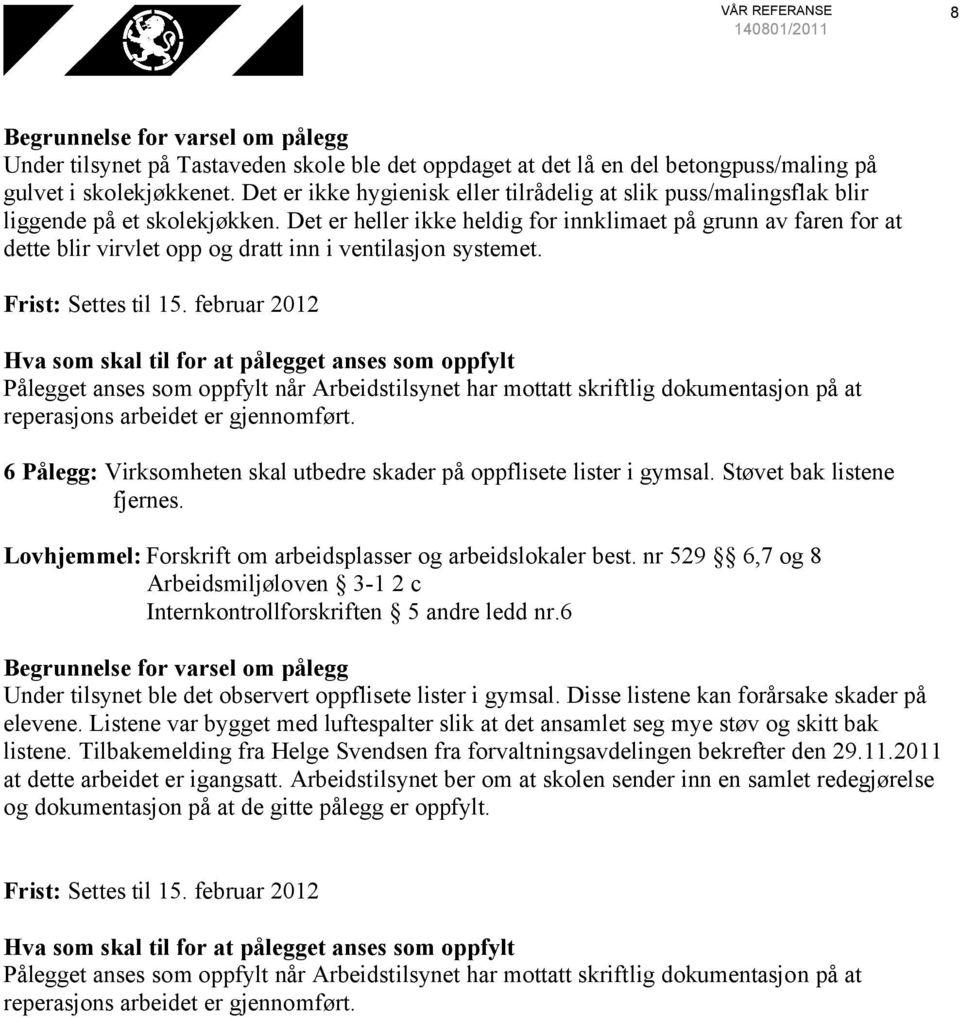 Det er heller ikke heldig for innklimaet på grunn av faren for at dette blir virvlet opp og dratt inn i ventilasjon systemet. Frist: Settestil 15. februar 2012 reperasjons arbeidet er gjennomført.