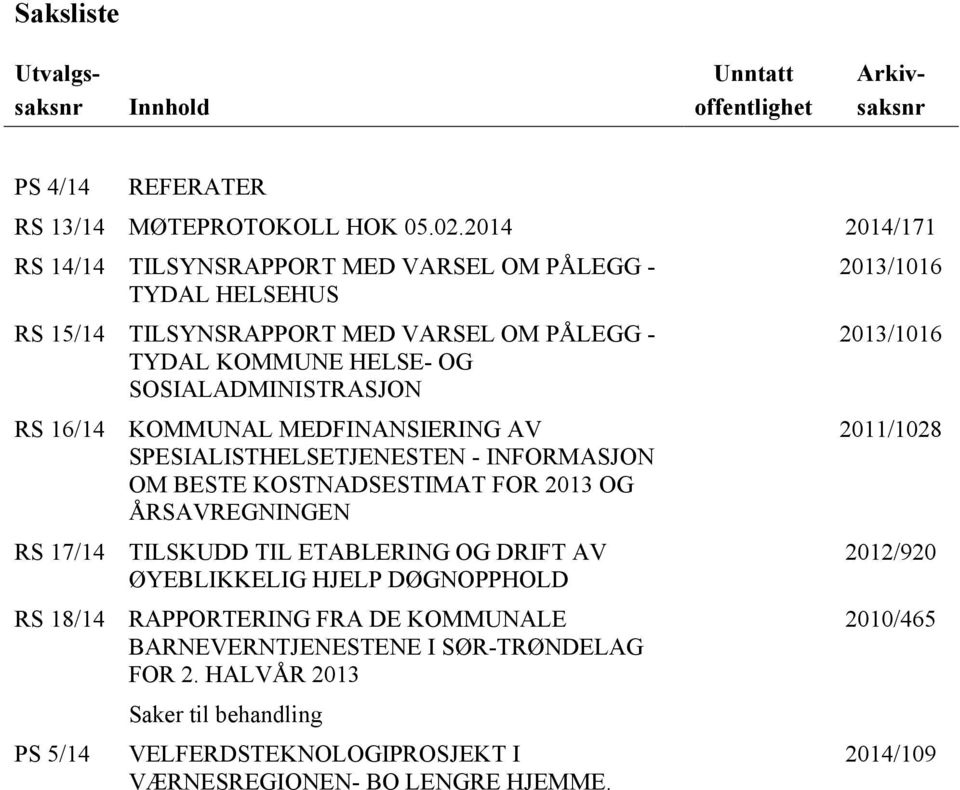 17/14 RS 18/14 PS 5/14 KOMMUNAL MEDFINANSIERING AV SPESIALISTHELSETJENESTEN - INFORMASJON OM BESTE KOSTNADSESTIMAT FOR 2013 OG ÅRSAVREGNINGEN TILSKUDD TIL ETABLERING OG DRIFT AV