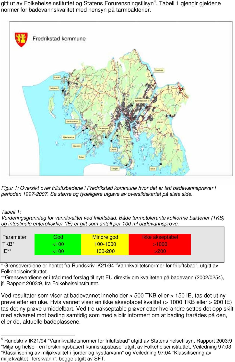 Tabell 1: Vurderingsgrunnlag for vannkvalitet ved friluftsbad. Både termotolerante koliforme bakterier (TKB) og intestinale enterokokker (IE) er gitt som antall per 100 ml badevannsprøve.