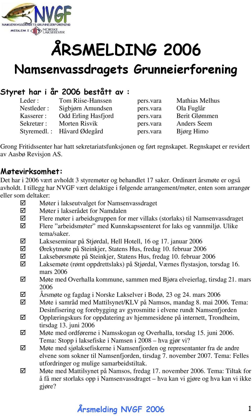 vara Bjørg Himo Grong Fritidssenter har hatt sekretariatsfunksjonen og ført regnskapet. Regnskapet er revidert av Aasbø Revisjon AS.