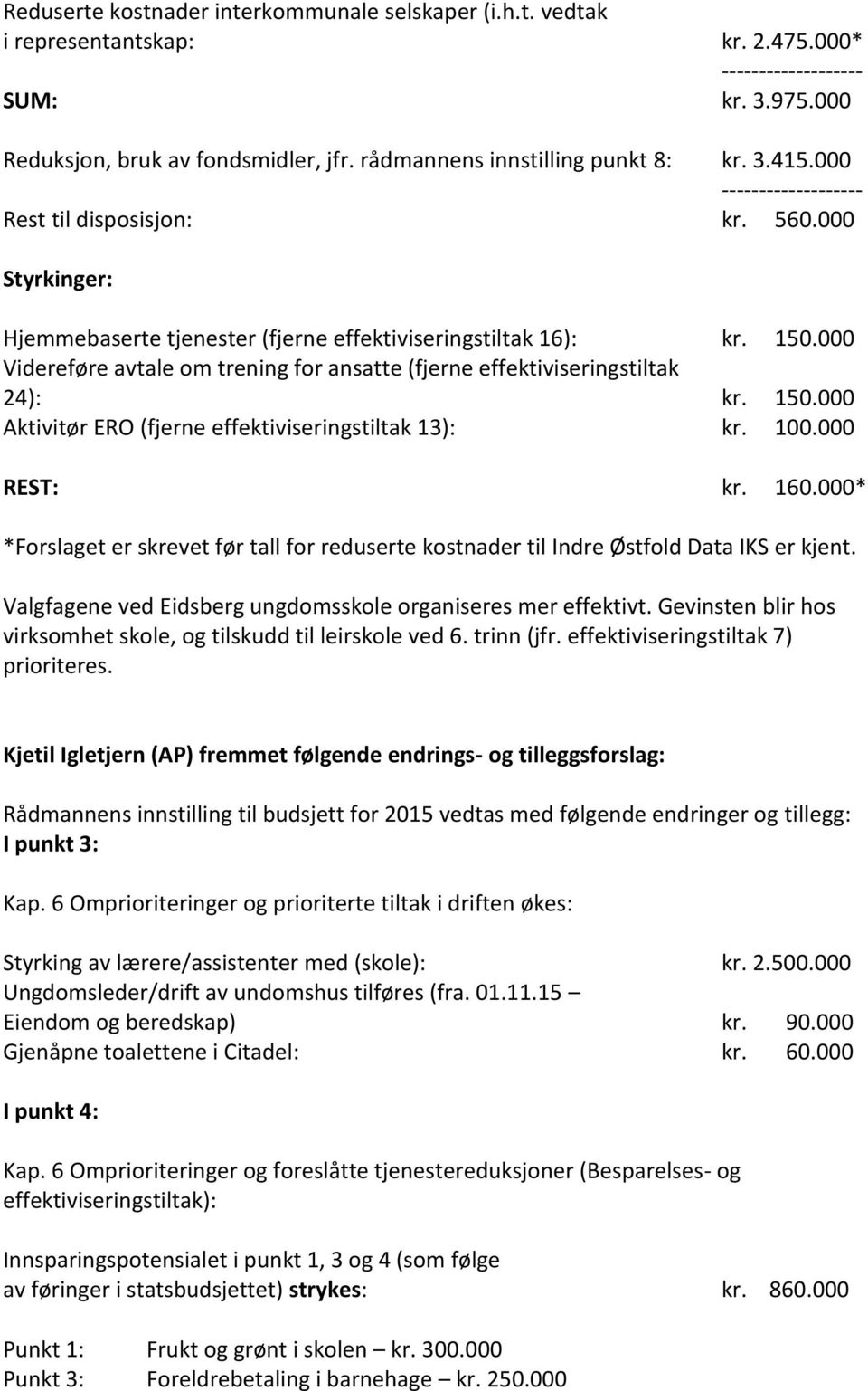 000 Videreføre avtale om trening for ansatte (fjerne effektiviseringstiltak 24): kr. 150.000 Aktivitør ERO (fjerne effektiviseringstiltak 13): kr. 100.000 REST: kr. 160.