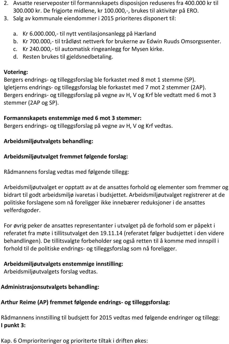 Resten brukes til gjeldsnedbetaling. Votering: Bergers endrings- og tilleggsforslag ble forkastet med 8 mot 1 stemme (SP).