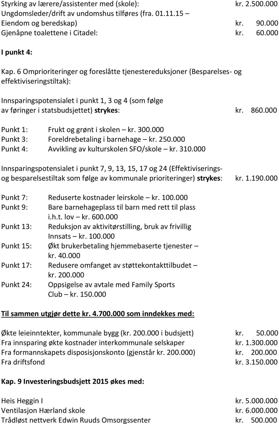 6 Omprioriteringer og foreslåtte tjenestereduksjoner (Besparelses- og effektiviseringstiltak): Innsparingspotensialet i punkt 1, 3 og 4 (som følge av føringer i statsbudsjettet) strykes: kr. 860.