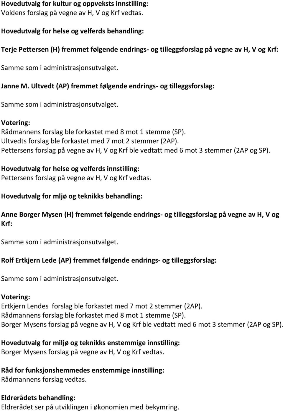 Ultvedt (AP) fremmet følgende endrings- og tilleggsforslag: Samme som i administrasjonsutvalget. Votering: Rådmannens forslag ble forkastet med 8 mot 1 stemme (SP).