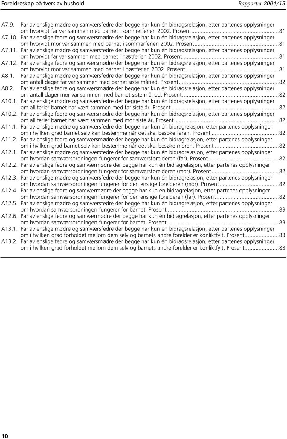 Par av enslige fedre og samværsmødre der begge har kun én bidragsrelasjon, etter partenes opplysninger om hvorvidt mor var sammen med barnet i sommerferien 2002. Prosent...81 A7.11.