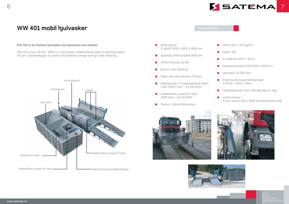 Vanntank Fotosensor Kontrollpanel Dyser Dimensjoner: (LxBxH) 3000 x 4000 x 1600 mm Kjøretøy: Maks bredde 2800 mm Effekt forbruk: 10 kw Brutto vekt: 8500 kg Maks vekt på maskinen: 70 tonn Vaskepumpe /