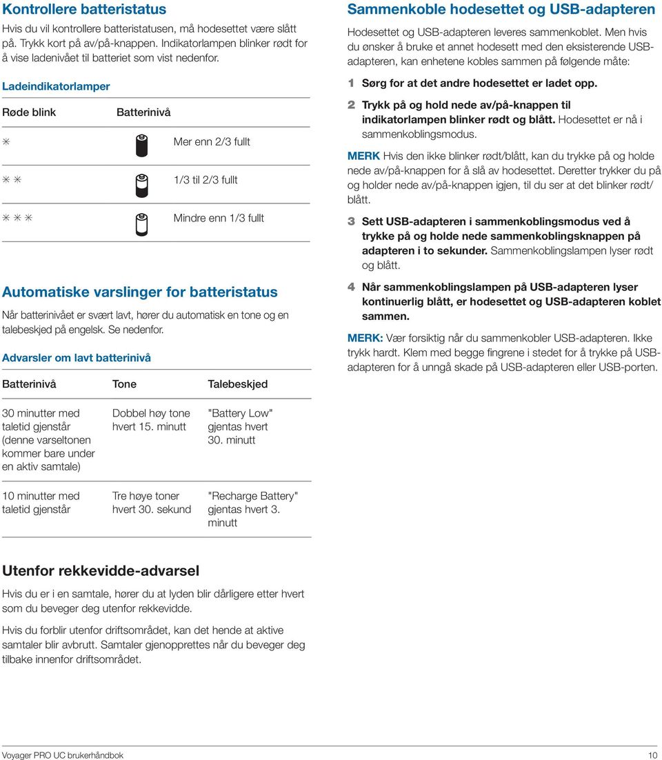 Ladeindikatorlamper Røde blink Batterinivå S S S S S S Mer enn 2/3 fullt 1/3 til 2/3 fullt Mindre enn 1/3 fullt Automatiske varslinger for batteristatus Når batterinivået er svært lavt, hører du